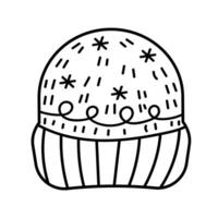 Christmas knitted hat. Hand drawn doodle style. Vector illustration isolated on white. Coloring page.