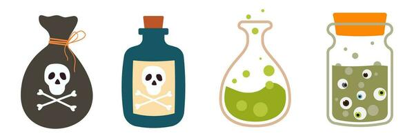 Cartoon Halloween bottles with poison vector set.