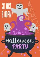 Halloween party. Vector illustration. Happy Halloween holiday. Poster or banner and web banner with witch cauldron, pot, ghost, bat, spider web scary potion on yellow background for school.