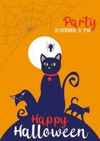 Halloween illustration with black cat on moon yellow scary background. Halloween party invitation with scary spider and Spider web. Happy Halloween holiday. Poster and web banner. Vector illustration.