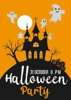 Halloween party invitation with scary pumpkins and ghost, castle or moon. Happy Halloween holiday. Poster or web banner with scary black and yellow background for school. Vector illustration.