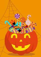 Halloween pumpkin with candies. Cartoon sweets pumpkin basket, lollipops, jelly treats and candy cane vector illustration. Pumpkin trick or treat bag. Halloween pumpkin, lollipop and candy.