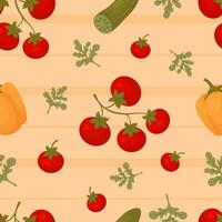 Vegetable seamless pattern. Bunches of red tomatoes with peppers and cucumbers on yellow striped background. Vector autumnal illustration for design, packaging, wallpaper and textile.