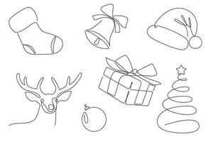 Christmas set drawn in one continuous line. One line drawing, minimalism. Vector illustration.