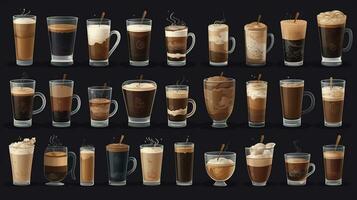 Set of different types of coffee. Illustration in cartoon style. AI generated photo