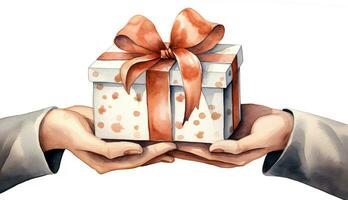 Gift in hands on a white background. Watercolor illustration of a gift box with a bow. photo