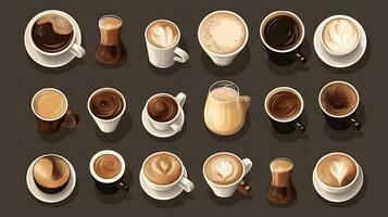Different kinds of coffee. Coffee collection. Set of different types of coffee. AI generated photo