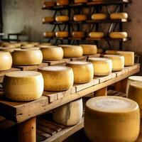 An assortment of flavorful cheese wheels. Small Cheese factory. photo