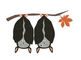 Bats hang upside down on a branch. Vector graphics.