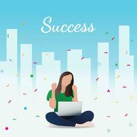 3D Flat Design of an Excited Young Girl Holding a Laptop and Celebrating Success in Front of a Beautifully Illustrated Cityscape on a Blue Background. Perfect for Marketing and Web Design Concepts. vector