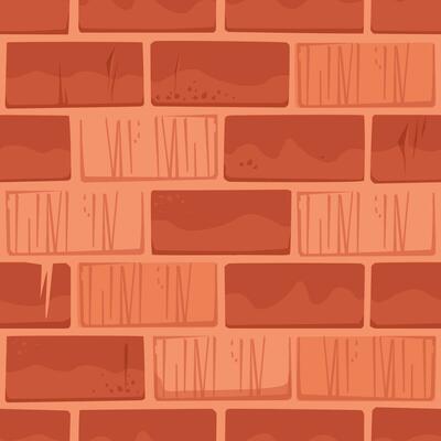 Cartoon Brick Wall of Red Color with Unfinished and Old Parts, Square Seamless Pattern