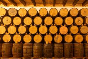 A wine cellar with many wine barrels stacked along the wall. photo