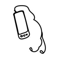 vector doodle illustration of mobile phone with headphones - black outline on white. Electronic gadget, smartphone for communication, icon