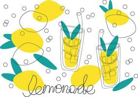 vector doodle outline illustration of drink lemonade in glasses with straw, ice, lemons, mint and lettering. Abstraction, black contour and colored spots in the form of fruits and leaves