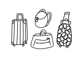 vector doodle illustration set of bags and suitcases for travel, luggage, transportation of things. Trolley suitcases, backpack and travel bag - black outline on white.
