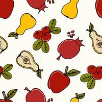seamless pattern colored doodle fruits apples, pears, pomegranates and cranberries on white - autumn background, vector illustration. For packaging, textiles, wallpapers, web design