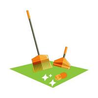 vector flat illustration - brush, dustpan and sponge on the carpet. House cleaning, carpet cleaning, housekeeping.