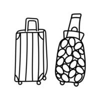 vector doodle illustration set of suitcases on wheels for travel, luggage, transportation of things. Trolley suitcases - black outline on white.