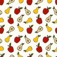 seamless pattern colored doodle fruits apples and pears on white - summer and autumn background, vector illustration. For packaging, textiles, wallpapers, web design