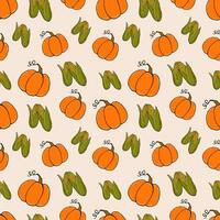 seamless pattern colored doodle vegetables pumpkins and corn on light - autumn background, vector illustration. For packaging, textiles, wallpapers, web design