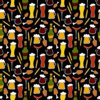 vector doodle illustration - seamless pattern different types of beer in mugs, glasses and bottles with snacks on black background. Oktoberfest Beer Festival. for for packaging, web design, wallpaper