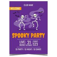 Spooky Halloween party poster or banner with funny cartoon dancing skeletons and flying bats in violet background. Invitation flyer or billboard design to celebrate the All Saints' Day on October 31. vector