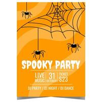 Spooky Halloween party invitation with funny spiders weaving a web on an orange background. Vector design template for Halloween party banner or poster to celebrate the All Saints' Day on October 31.