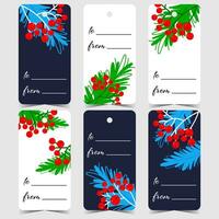 Tag Christmas presents and gift boxes by tying and hanging the nominative labels with a hole. Vector design of Christmas stickers and marks decorated with Christmas tree branches and crimson berries.