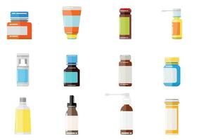 conjunto de medicina botellas y pastillas recopilación. botellas de drogas.tabletas,cápsulas vitaminas vector plano ilustración y salud estilo.