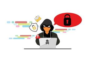 hacker hombre utilizar Nota libro computadora robando confidencial datos, personal información, ransomware, programa malicioso, virus, extorsión,datos,lock.vector concepto computadora seguridad y tecnología. vector