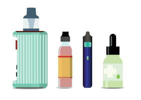 Electronic Cigarettes and accessories icons set. Vaping device and bottles with vape liquid. Liquid cotton,Pincers vape,Vape Pen,Vector E-cigarette and Flat vector. vector