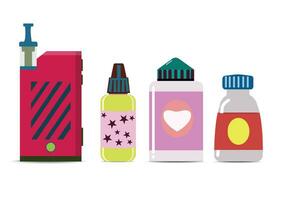 Electronic Cigarettes and accessories icons set. Vaping device and bottles with vape liquid. Liquid cotton,Pincers vape,Vape Pen,Vector E-cigarette and Flat vector. vector