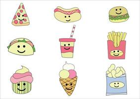 Different kind of sweet and bakery icons.such as ice cream,cake,smoothies,bread,Pizza.Set of desserts and bakery on white background. vector