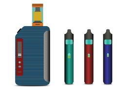 electrónico cigarrillos y accesorios íconos colocar. vaping dispositivo y botellas con vape líquido. líquido algodón, pinzas vaporizador, vaporizador pluma,vector cigarrillo electrónico y plano vector. vector