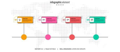 Mind map infographic template or element as a vector with 4 step, process, option, colorful label, icons, semicircular, circular, branch arrow, for sale slide or presentation, minimal, modern style