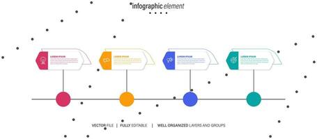 Mind map infographic template or element as a vector with 4 step, process, option, colorful label, icons, semicircular, circular, branch arrow, for sale slide or presentation, minimal, modern style