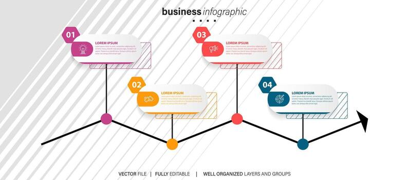 Vector infographic template with four steps or options. Illustration presentation with line elements icons.  Business concept design can be used for web, brochure, diagram