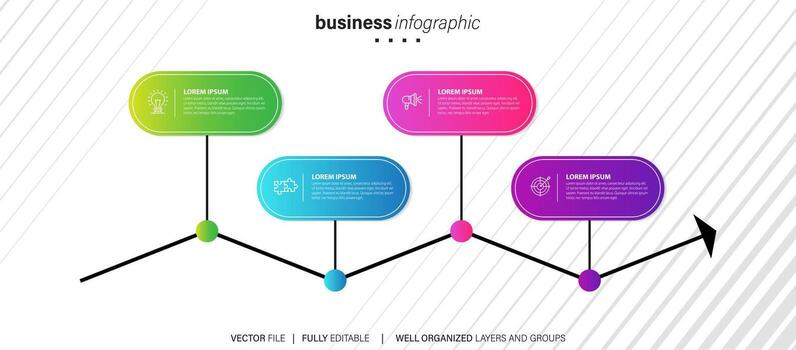 Vector infographic template with four steps or options. Illustration presentation with line elements icons.  Business concept design can be used for web, brochure, diagram