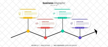 Timeline infographic with infochart. Modern presentation template with 4 steps for business process. Website template on white background for concept modern design. Horizontal layout. vector