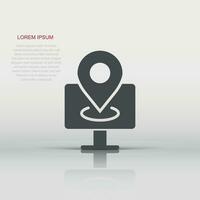 Computer navigation icon in flat style. Monitor pin gps vector illustration on white isolated background. City area location business concept.