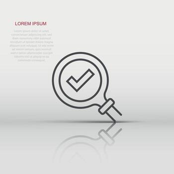Check mark with magnifying glass icon in flat style. Loupe accept vector illustration on white isolated background. Search checklist business concept.