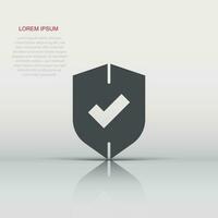 Shield with check mark icon in flat style. Protect vector illustration on white isolated background. Checkmark guard business concept.