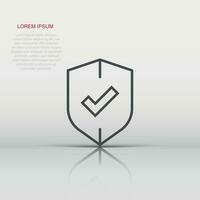 Shield with check mark icon in flat style. Protect vector illustration on white isolated background. Checkmark guard business concept.