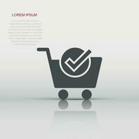 Shopping cart check mark icon in flat style. Buy approval vector illustration on white isolated background. Confirm business concept.