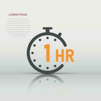 1 hour clock icon in flat style. Timer countdown vector illustration on isolated background. Time measure sign business concept.