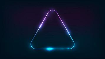 Neon rounded triangle frame with shining effects on dark background. Empty glowing techno backdrop. Vector illustration.