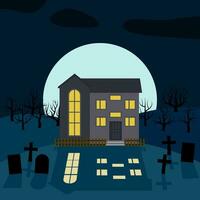 una casa solitaria en la noche frente a la luna. vector de fondo para halloween