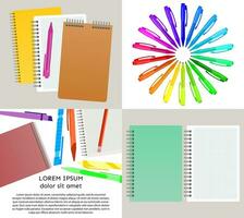 Set of four vector illustration with notebooks, pens and pencils.