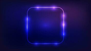 Neon rounded square frame with shining effects on dark background. Empty glowing techno backdrop. Vector illustration.