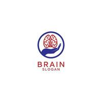 Psychology, emotion and psychotherapy concept. Vector flat illustration. Mental health treatment metaphore. Human hand hold human brain. Logotype template. Design for banner, web, logo.